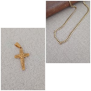 Corrente de aço banhada grumet mais pingente Cruz banhado