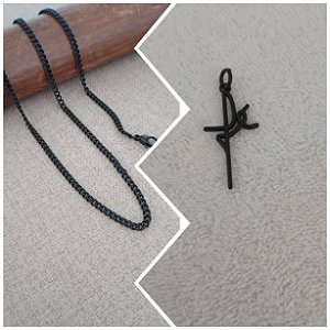 Corrente de aço black mais pingente Fé black