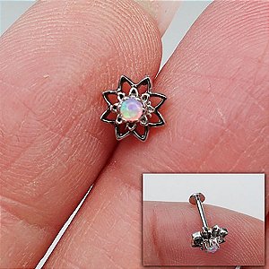 Piercing Labret Plug em Ouro Branco 18K Flor Opala