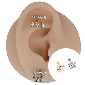Piercing Labret em Titânio Barra 4 Zircônias Com Pingente
