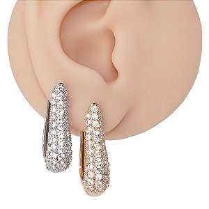 Brinco Argola Clicker Folheado Gota Wave Zircônias