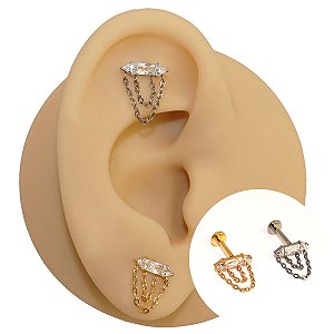 Piercing Labret em Titânio Barra Zircônia Com Correntes