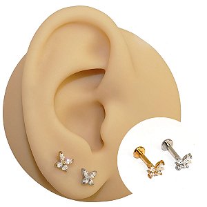Piercing Labret em Aço Círurgico Borboleta Zircônia