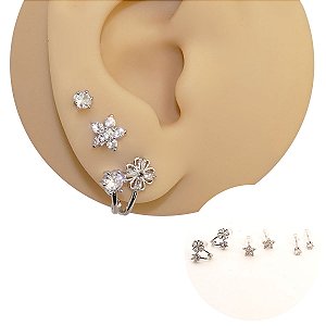 Mix Brincos Prata 925 Flores Zircônias