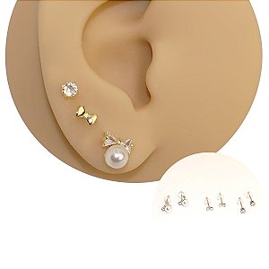 Mix Brincos Prata 925 Laço Pérola e Zircônias