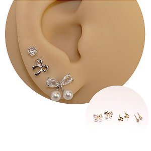 Mix Brincos Prata 925 Laços Pérolas e Zircônias