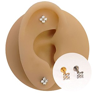 Piercing Labret em Titânio Flor Quatro Zircônias Redonda