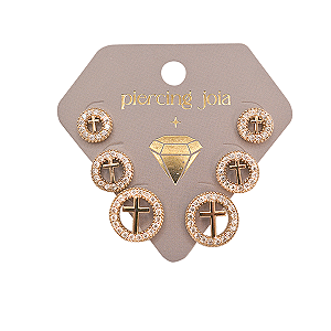 Mix Brincos Folheado Cruz Zircônias