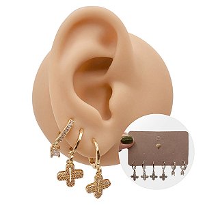 Mix Brincos Folheado Argolas Cruz Zircônias
