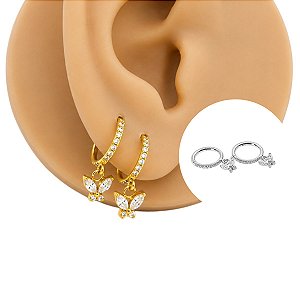 Brinco Argola em Titânio Cravejada Pingente Borboleta Zircônia