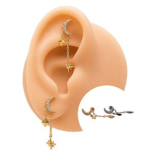 Piercing Labret em Titânio Lua Cravejada com Pingente Estrela e Balão