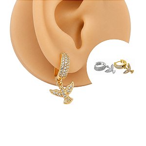 Brinco Argola Cravejado com Pingente de Pássaro