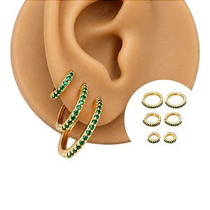 Mix de Brinco Folheado Zircônia Verde