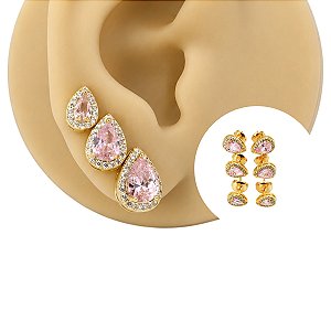 Trio de Brincos Folheado Gota Zircônia Rosa