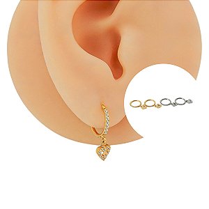 Brinco Argola em Titânio Cravejada Pingente Coração Zircônia