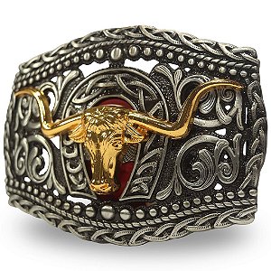 Fivela Country Long Horn Ferradura 045 8x6 - Prata Preto