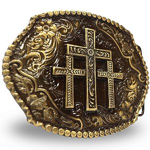 Fivela Country Cruz Tripla 044 7x5 - Ouro Velho