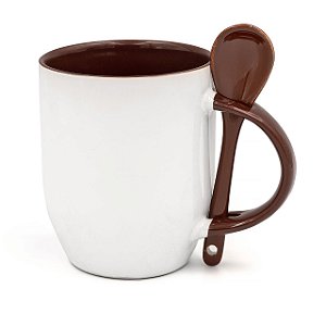 Caneca Branca para Sublimação Semi Cônica com Colher Interior e Alça Marrom