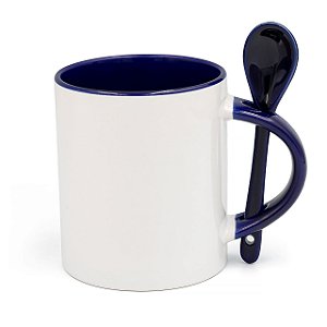 Caneca Branca com Colher, Interior e Alça Azul Marinho