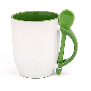 Caneca Branca para Sublimação Semi Cônica com Colher Interior e Alça Verde Claro