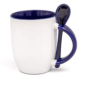 Caneca Branca para Sublimação Semi Cônica com Colher Interior e Alça Azul Royal