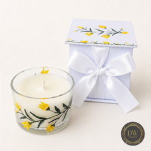 VELA AROMÁTICA COM VIDRO E CAIXA PINTADOS À MÃO
