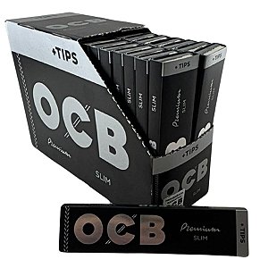 Caixa Seda Ocb Preta Premium Slim + Piteira Ks Folha Branca