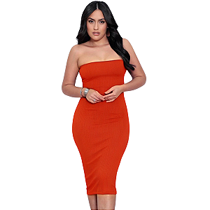 Vestido Midi Tubinho Coladinho Tomara que Caia Bandeau Anarruga - CRISS TERRACOTA