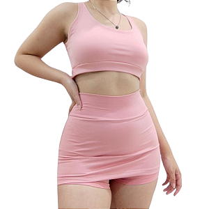 Conjunto Academia Feminino Top e Short Saia Cintura Alta Suplex Fitness