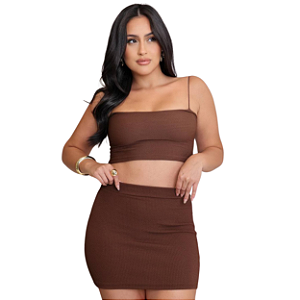 Conjunto feminino top faixa com alças finas + saia colada - JADE MARROM