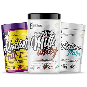 Combo: Milk Whey + Pré-Treino Rocket Nit 400 + Creatina Pura 500g + Brinde