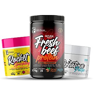 Combo: Fresh Beef Protein + Pré-Treino Rocket Sparkling + Creatina Pura 150g + Brinde