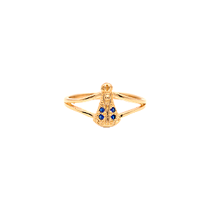 Anel Nossa Senhora Aparecida Cravejado Zircônia Azul Banhado a Ouro 18K