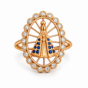 Anel N. S. Aparecida Manto Cravejado Banhado a Ouro 18K