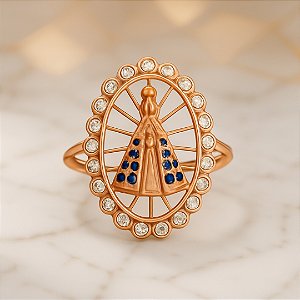 Anel N S Aparecida Aro Duplo Manto Cravejado Banhado a Ouro 18K