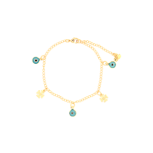 Pulseira Olho Grego e Trevo da Sorte Banhada a Ouro 18K