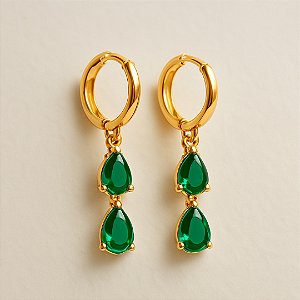 Brinco Clic 2 Gotas Esmeralda Banhado a Ouro