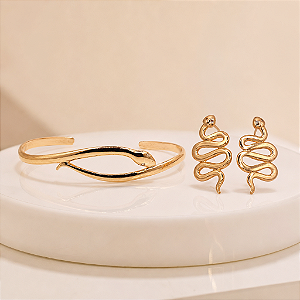 Kit Brinco e Bracelete Serpente Banhado a Ouro 18K