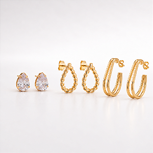 Kit Brincos Banhados a Ouro 18k Gota Zircônia, Gota Vazada e Meia Argola