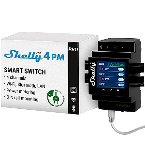 Shelly Pro 4PM Módulo Relé Inteligente 4 Canais Wi-Fi Bluetooth e Ethernet com Medidor de Consumo para Trilho DIN Bivolt Preto