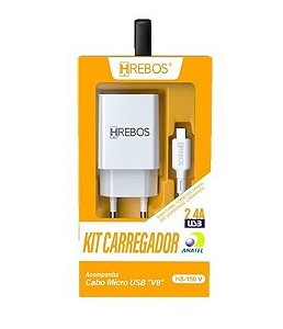 KIT CARREGADOR HREBOS FONTE + CABO MICRO USB V8 ORIGINAL HS-150V