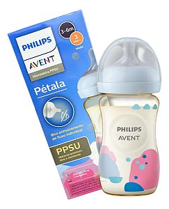 Mamadeira Avent Pétala Ppsu Azul E Rosa 260ml 3m+ Bico N°3 Azul E Rosa