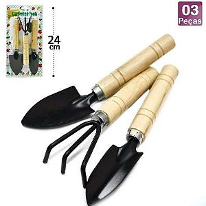 KIT DE JARDINAGEM 3 PEÇAS METAL CABO DE MADEIRA