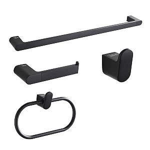 KIT ACESSORIOS BANHEIRO METAL PRETO FOSCO ARREDONDADO 4 PCS TELCA 99100