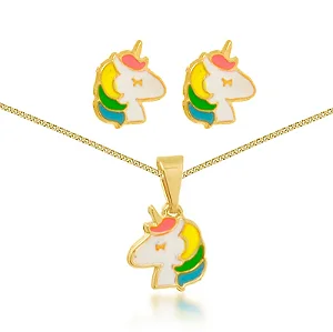 CONJUNTO UNICÓRNIO BANHADO EM OURO 18K CJI761
