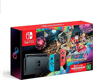 Nintendo Switch Azul e Vermelho + Joy-Con Neon + Mario Kart 8 Deluxe + 3 Meses de Assinatura Nintendo Switch Online (Seminovo)