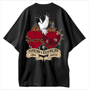 Coração Sagrado e Coração Imaculado Camiseta Cristã Oversized Jesus e Maria