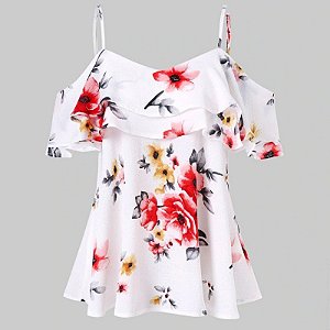 Blusa Feminina Com Estampa Floral Ombro De Fora Com Decote V Básica Com Estilo Verão Elástica