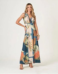 Vestido Longo Estampa Floral Azul