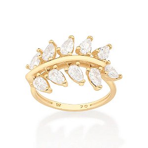 Anel folha folheado a ouro com zircônias